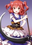  1girl :d apron bangs blue_vest breasts collarbone cowboy_shot dress eyebrows_visible_through_hair gradient gradient_background hair_between_eyes hair_bobbles hair_ornament highres holding holding_scythe holding_weapon long_hair medium_breasts obi onozuka_komachi open_mouth puffy_short_sleeves puffy_sleeves purple_background red_background red_eyes redhead ruu_(tksymkw) sash scythe short_sleeves smile solo touhou two_side_up vest waist_apron weapon white_apron 