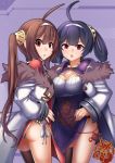  2girls :o ahoge ass azur_lane bangs breasts brown_hair china_dress chinese_clothes cleavage commentary diagonal-striped_background diagonal_stripes dress eyebrows_visible_through_hair fang fingernails fur-trimmed_jacket fur_trim hair_between_eyes hair_rings hairband hairpods highres jacket kuronekozero long_hair long_sleeves looking_at_viewer looking_to_the_side medium_breasts multiple_girls ning_hai_(azur_lane) off_shoulder open_mouth panties parted_lips pelvic_curtain ping_hai_(azur_lane) purple_dress purple_hair red_dress red_eyes sidelocks sleeves_past_wrists striped striped_background twintails underwear very_long_hair white_hairband white_jacket white_panties 