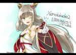  1girl animal_ears bangs bodysuit cat_ears gloves japanese_clothes leotard long_hair looking_at_viewer nintendo niyah one_eye_closed open_mouth ribbon shinohara_shinome silver_hair simple_background smile solo spoilers white_gloves xenoblade_(series) xenoblade_2 yellow_eyes 
