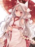  1girl :3 animal_hood azur_lane bangs bare_shoulders belt blush bow breasts buckle commentary_request detached_sleeves dress highres holding holding_umbrella hood japanese_clothes large_breasts long_hair looking_at_viewer oriental_umbrella petals pom_pom_(clothes) red_belt red_bow red_collar red_skirt shiina_(s_kashi_s) short_eyebrows silver_hair simple_background skirt smile solo tail thick_eyebrows umbrella under_boob very_long_hair wedding_dress white_background wide_sleeves wolf_girl wolf_tail yuudachi_(azur_lane) 