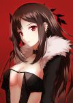  1girl bangs black_choker black_coat black_hair breasts choker cleavage coat collarbone commentary_request consort_yu_(fate) ear_piercing eyelashes fate/grand_order fate_(series) fur_trim head_tilt highres long_hair long_sleeves looking_at_viewer medium_breasts open_clothes open_coat parted_lips piercing red_background red_eyes revealing_clothes rko_(a470350510) sidelocks solo upper_body 