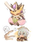  1boy ? blue_eyes chibi closed_mouth fate/grand_order fate_(series) gao_changgong_(fate) holding horned_headwear mask removing_mask short_hair silver_hair simple_background y_a_i 