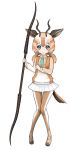  1girl bangs center_frills eyebrows_visible_through_hair full_body gazelle_ears gazelle_tail green_eyes green_neckwear hair_between_eyes horn_lance horns ise_(0425) kemono_friends knees_together_feet_apart long_hair long_sleeves looking_at_viewer low_twintails mini_necktie multicolored_hair necktie orange_hair pantyhose rhim_gazelle_(kemono_friends) shoes simple_background skirt solo tearing_up twintails two-tone_hair vest white_background white_hair white_skirt 