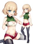  1girl alternate_costume black_legwear blonde_hair blue_eyes blush bra breasts candy cleavage closed_mouth curcumin eyebrows_visible_through_hair food full_body girls_und_panzer highres holding_lollipop katyusha lollipop long_hair medium_breasts midriff navel open_mouth panties red_shorts short_hair shorts simple_background sitting sleeveless smile solo standing tears thigh-highs unbuttoned underwear white_background white_panties 