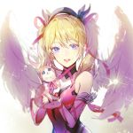  1girl angel_wings bangs bare_shoulders blonde_hair blue_eyes cat dress hair_between_eyes hair_ribbon heart heart-shaped_pupils holding looking_at_viewer mercy_(overwatch) open_mouth overwatch pink_dress pink_mercy pink_ribbon ribbon road_233 solo symbol-shaped_pupils twintails upper_body wings 