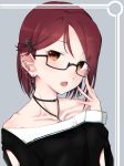  1girl :o adjusting_eyewear alternate_hair_length alternate_hairstyle arm_cutout bare_shoulders bespectacled black-framed_eyewear black_collar black_shirt blush brown_eyes collarbone commentary_request ear_piercing earrings glasses grey_background hair_ornament hairclip hairpin highres jewelry long_sleeves looking_at_viewer love_live! love_live!_sunshine!! nasuno_(nasuno42) off-shoulder_shirt pendant piercing redhead sakurauchi_riko semi-rimless_eyewear shirt short_hair solo under-rim_eyewear upper_body 