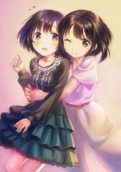  2girls bangs black_hair black_shirt blush brown_eyes commentary flying_sweatdrops frills green_skirt highres idolmaster idolmaster_cinderella_girls layered_skirt long_sleeves looking_at_another looking_at_viewer multiple_girls open_mouth pink_shirt purple_hair shiragiku_hotaru shirt short_hair short_sleeves skirt smile takafuji_kako takoyaki_(roast) white_skirt yellow_eyes 