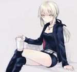  1girl arm_support artoria_pendragon_(all) belt black_jacket black_legwear black_ribbon black_shirt black_shorts breasts cleavage drinking_straw fate/stay_night fate_(series) grey_background hair_between_eyes hair_ribbon holding jacket jewelry kanitama_(putyourhead) legs_crossed long_hair looking_at_viewer medium_breasts necklace open_clothes open_jacket ponytail ribbon saber_alter shirt short_shorts shorts silver_hair simple_background sitting solo thigh-highs yellow_eyes 