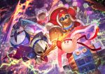  battle bow bowtie cape clash coat electricity flaming_weapon flying_kick fur_coat galacta_knight galaxia_(sword) hammer hat headband kicking king_dedede kirby kirby:_star_allies kirby_(series) lack lance marx mask meta_knight nintendo official_art open_mouth polearm red_coat red_eyes serious shield sword tongue tongue_out weapon wings yellow_eyes 