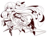  1girl bangs blush bow closed_mouth eyebrows_visible_through_hair fate/extra fate/extra_ccc fate_(series) full_body greyscale hair_bow jacket juliet_sleeves long_hair long_sleeves looking_at_viewer looking_to_the_side meltlilith monochrome naga_u navel puffy_sleeves sidelocks simple_background sleeves_past_fingers sleeves_past_wrists smile solo spikes very_long_hair white_background 