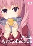  1girl 2016 2018 :p aria. bangs brown_sweater closed_mouth commentary_request copyright_request cover cover_page doujin_cover eyebrows_visible_through_hair food grey_scarf hair_between_eyes head_tilt holding holding_food jacket long_hair long_sleeves looking_at_viewer pink_background pink_hair red_jacket ribbed_sweater scarf sleeves_past_wrists smile solo sweater tongue tongue_out upper_body violet_eyes 
