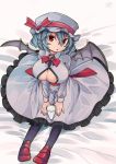  1girl aioi_aoi bat_wings bed blue_hair breasts cleavage cleavage_cutout commentary_request dress eyebrows_visible_through_hair frills glass hat large_breasts looking_at_viewer looking_up milk mob_cap open_mouth pantyhose raised_eyebrows red_eyes red_footwear remilia_scarlet shoes solo touhou wings 