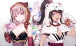  2girls ;d animal_ears animal_hood asahina_aoi bangs bear_hood black_hair blunt_bangs breasts capelet cat_ears cat_hood cleavage collarbone dangan_ronpa detached_sleeves doughnut eyebrows_visible_through_hair fake_animal_ears floating_hair food fur-trimmed_capelet fur_trim game_console gloves hair_ornament head_tilt high_ponytail holding holding_food hood jewelry long_sleeves looking_at_viewer medium_breasts multiple_girls nanami_chiaki necklace one_eye_closed open_mouth parted_bangs paw_gloves paws print_sleeves red_eyes red_hood red_sleeves short_hair sidelocks silver_hair smile strapless super_dangan_ronpa_2 twitter_username upper_body white_background white_capelet white_gloves z-epto_(chat-noir86) 