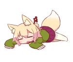  1girl :o animal_ear_fluff animal_ears bell bell_collar blush brown_collar closed_eyes collar facing_viewer fox_ears fox_girl fox_tail full_body green_shirt hair_bun hair_ornament jingle_bell kemomimi-chan_(naga_u) long_sleeves lying naga_u no_shoes on_stomach open_mouth original pleated_skirt purple_skirt ribbon-trimmed_legwear ribbon_trim shadow shirt skirt sleeves_past_fingers sleeves_past_wrists solo tail tail_raised thigh-highs white_background white_legwear 