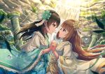  2girls absurdres bangs black_hair blunt_bangs blurry bokeh brown_hair closed_mouth depth_of_field earrings eyebrows_visible_through_hair flower fujiwara_hajime furisode hair_flower hair_ornament hand_holding highres huge_filesize idol_clothes idolmaster idolmaster_cinderella_girls idolmaster_cinderella_girls_starlight_stage interlocked_fingers japanese_clothes jewelry kimono light_rays long_hair looking_at_another mazeru_(oekaki1210) moss multiple_girls outdoors pillar sanshi_suimei smile sunbeam sunlight water water_drop waterfall yorita_yoshino 