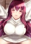  blush breasts erect_nipples eyebrows_visible_through_hair fate/grand_order fate_(series) gainoob large_breasts leaning_forward light long_hair looking_at_viewer parted_lips purple_hair red_eyes ribbed_sweater scathach_(fate)_(all) scathach_(fate/grand_order) smile sweater turtleneck turtleneck_sweater wall 