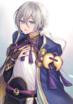  .com_(cu_105) 1boy androgynous blue_eyes chinese_clothes commentary fate/grand_order fate_(series) fingerless_gloves gao_changgong_(fate) gloves hair_between_eyes hand_on_own_chest highres looking_at_viewer male_focus open_mouth shirt short_hair silver_hair smile solo white_shirt 