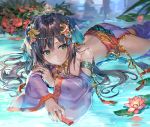  1girl ahoge amethyst arabian_clothes armlet ass bangs bare_shoulders black_hair blurry blurry_background blush bracelet breasts choker circlet closed_mouth detached_sleeves earrings eyebrows_visible_through_hair flower glint gold gold_trim green_eyes hair_between_eyes hair_ornament harem_outfit head_tilt jewelry long_hair looking_at_viewer lying medium_breasts midriff momoko_(momopoco) multiple_rings nail_polish necklace on_stomach original outdoors pants pelvic_curtain pink_nails purple_pants ring ruby_(stone) sapphire_(stone) sidelocks silver solo star veil water wide_sleeves 
