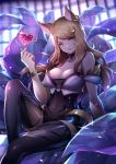  1girl ahri animal_ears arm_support bangs bare_shoulders black_choker black_legwear blonde_hair blurry bracelet breasts choker cleavage collarbone covered_navel crescent crescent_hair_ornament crystal depth_of_field earrings eyebrows_visible_through_hair floating_hair fox_ears fox_tail glint hair_ornament hand_up head_tilt heart highres jewelry k/da_(league_of_legends) k/da_ahri kiyo_(chaoschyan) knee_up large_breasts league_of_legends light_rays long_hair looking_at_viewer nail_polish parted_lips petals pink_nails shiny shiny_clothes shiny_hair shiny_skin sitting skin_tight smile solo sunlight swept_bangs tail thigh-highs transparent tsurime whisker_markings yellow_eyes 