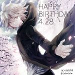  1boy ahoge black_coat cherry_blossoms dangan_ronpa dated floating_hair grey_eyes grey_shirt hair_between_eyes happy_birthday hooded_coat komaeda_nagito long_sleeves looking_at_viewer male_focus shirt silver_hair smile solo super_dangan_ronpa_2 twitter_username z-epto_(chat-noir86) 