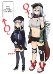 1boy 1girl assault_rifle beret black_legwear black_shorts blush breasts coat facial_mark g11_(girls_frontline) genderswap genderswap_(ftm) girls_frontline green_eyes green_jacket gun hair_between_eyes hair_ornament hat highres hk416_(girls_frontline) holding holding_gun holding_weapon jacket knee_pads korean large_breasts long_hair long_sleeves messy_hair navel older open_clothes open_coat rifle shorts shoulder_cutout silver_hair simple_background standing thigh-highs translation_request trap weapon white_background yellowseeds younger 