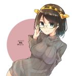  1girl adjusting_eyewear black_hair blue_eyes character_name circle commentary_request cowboy_shot dated glasses green-framed_eyewear grey_sweater hairband headgear kantai_collection kirishima_(kantai_collection) looking_at_viewer ribbed_sweater short_hair solo sweater twitter_username two-tone_background u_yuz_xx upper_body white_background 