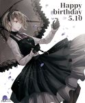  1girl black_gloves black_legwear black_skirt brown_hair dangan_ronpa dated frilled_umbrella gloves green_eyes grey_shirt happy_birthday headdress holding holding_umbrella long_sleeves necktie new_dangan_ronpa_v3 pantyhose petals purple_neckwear shirt short_hair skirt solo toujou_kirumi twitter_username umbrella z-epto_(chat-noir86) 