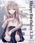  1girl ahoge akamatsu_kaede bangs black_legwear brown_eyes dangan_ronpa dated eyebrows_visible_through_hair floating_hair flower hair_flower hair_ornament happy_birthday kneehighs leg_hug long_hair long_sleeves looking_to_the_side miniskirt musical_note musical_note_print necktie new_dangan_ronpa_v3 parted_bangs pleated_skirt print_skirt purple_skirt purple_vest shiny shiny_hair shirt silver_hair skirt smile solo twitter_username vest white_flower white_shirt z-epto_(chat-noir86) 