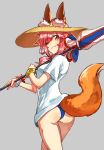  1girl ;) animal_ear_fluff animal_ears ass bangs beach_umbrella bikini bikini_under_clothes blue_bikini bracelet brown_hat carrying closed_mouth commentary cowboy_shot ears_through_headwear fate/grand_order fate_(series) fox_ears fox_tail from_behind grey_background hat jewelry long_hair looking_at_viewer looking_back no_pants one_eye_closed oono_imo over_shoulder pink_hair red_eyes shirt short_sleeves simple_background smile smirk solo standing straw_hat sun_hat swimsuit t-shirt tail tamamo_(fate)_(all) tamamo_no_mae_(swimsuit_lancer)_(fate) umbrella white_shirt 