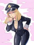  1girl absurdres black_bodysuit blonde_hair blue_eyes bodysuit boku_no_hero_academia center_opening cgiftrsnut hat highres looking_at_viewer parted_lips peaked_cap pink_background simple_background solo unzipped utsushimi_kemii wrist_cuffs zipper_pull_tab 