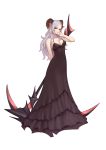  1girl back bare_shoulders black_dress breasts cleavage collarbone dress gown halter_dress highres large_breasts liu_lan long_hair looking_at_viewer original parted_lips red_eyes scythe silver_hair simple_background solo white_background 