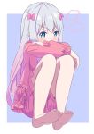  1girl bangs barefoot blue_eyes blush bow crossed_arms eromanga_sensei eyebrows_visible_through_hair full_body gradient_hair hair_bow izumi_sagiri long_hair long_sleeves looking_at_viewer multicolored_hair pajamas pink_bow pink_hair pink_ribbon pink_shirt pink_shorts ribbon shiny shiny_hair shirt shokora_(xxde3745) shorts silver_hair soles solo very_long_hair 