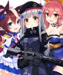  3girls :d :o absurdres animal_ear_fluff animal_ears assault_rifle black_gloves blue_eyes blue_kimono blue_legwear blush breasts brown_eyes brown_hair character_name cleavage commentary crossover double_v english_commentary epaulettes facial_mark fate/extra fate_(series) fox_ears girls_frontline gloves green_eyes gun heckler_&amp;_koch highres hk416 hk416_(girls_frontline) holding holding_gun holding_weapon horse_ears jacket japanese_clothes kimono large_breasts long_hair long_sleeves multicolored_hair multiple_crossover multiple_girls name_tag obi object_namesake ohshit open_mouth parted_lips pink_hair pleated_skirt purple_jacket rifle sash silver_hair simple_background skirt small_breasts smile strapless streaked_hair tamamo_(fate)_(all) tamamo_no_mae_(fate) thigh-highs tokai_teio umamusume v very_long_hair weapon white_background white_gloves white_hair white_jacket white_skirt 