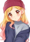  1girl absurdres aikatsu!_(series) aikatsu_stars! beanie blonde_hair blue_jacket blue_shirt brown_eyes earrings eyebrows_visible_through_hair eyelashes gradient_hair hat highres jacket jewelry looking_at_viewer multicolored_hair necklace nijino_yume off_shoulder parted_lips pink_hair red_hat sekina shirt simple_background solo upper_body white_background 