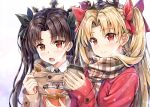  2girls black_ribbon blonde_hair blush brown_coat brown_hair closed_mouth coat coffee cup ereshkigal_(fate/grand_order) eyebrows_visible_through_hair fate/grand_order fate_(series) food hair_ribbon ishtar_(fate/grand_order) kotatsu_(kotatsu358) long_hair long_sleeves looking_at_viewer multiple_girls open_mouth plaid plaid_scarf red_coat red_eyes red_ribbon ribbon scarf smile steam tiara two_side_up 