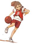  1girl basketball basketball_uniform brown_eyes brown_hair full_body gym_shirt gym_shorts gym_uniform original ponytail shirt shoes shorts sneakers solo sportswear sweat tan tessaku_ro white_background 