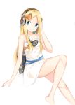  1girl abigail_williams_(fate/grand_order) absurdres alternate_costume arm_support arm_up bangs bare_arms bare_shoulders black_bow blue_eyes blush bow closed_mouth commentary_request dress fate/grand_order fate_(series) forehead hair_bow hand_on_headphones head_tilt headphones highres long_hair orange_bow parted_bangs polka_dot polka_dot_bow simple_background sleeveless sleeveless_dress smile solo very_long_hair white_background white_dress yukaa 