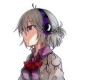  1girl antenna_hair ascot braid breasts brooch commentary_request dress french_braid grey_jacket headphones jacket jewelry jiuliu3 kishin_sagume medium_breasts purple_dress red_eyes red_neckwear short_hair silver_hair simple_background solo touhou upper_body white_background wing_collar 
