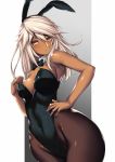  1girl animal_ears bangs bare_shoulders black_leotard blonde_hair bow bowtie breasts bunnysuit cleavage covered_navel dark_skin fake_animal_ears gradient gradient_background groin guilty_gear guilty_gear_xrd hair_between_eyes hand_on_hip hand_up highres leotard long_hair looking_at_viewer medium_breasts open_mouth pantyhose rabbit_ears ramlethal_valentine sidelocks simple_background solo tail takanashi-a wrist_cuffs 