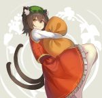  1girl alternate_eye_color animal_ear_fluff animal_ears bangs brown_hair cat_ears cat_tail chen commentary_request eyebrows_visible_through_hair feet_out_of_frame green_hat grey_background hair_between_eyes hat highres long_sleeves looking_at_viewer mob_cap multiple_tails nekomata object_hug petticoat pillow pillow_hug red_skirt red_vest rin_falcon shirt short_hair simple_background skirt skirt_set smile solo tail touhou two_tails vest white_legwear white_shirt yellow_eyes 