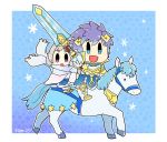  1boy 1girl arm_up armor artist_name blue_eyes blue_hair brother_and_sister cape chibi fire_emblem fire_emblem_heroes flyer_27 gloves gradient_hair hair_ornament holding holding_sword holding_weapon horse horseback_riding hrid_(fire_emblem_heroes) multicolored_hair nintendo open_mouth riding scarf short_hair siblings silver_hair snowflakes sword violet_eyes weapon white_hair ylgr_(fire_emblem_heroes) 