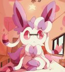  :&lt; alternate_color bed bedroom bow commentary creatures_(company) crossed_arms door game_freak gen_6_pokemon indoors light_bulb looking_at_viewer lying nintendo no_humans pen pokemon pokemon_(creature) purple_sclera purpleninfy ribbon sylveon violet_eyes window 