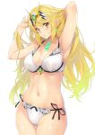  1girl armpits arms_up bangs bikini blonde_hair blush bra breasts cleavage commentary_request cowboy_shot eyebrows_visible_through_hair gem hair_lift head_tilt headpiece highres mythra_(xenoblade) large_breasts long_hair looking_at_viewer midriff nagayori navel nintendo panties pink_lips ribbed_bra ribbed_panties shiny shiny_skin side-tie_panties simple_background solo standing stomach swept_bangs swimsuit thighs tiara underwear white_background white_bra white_panties xenoblade_(series) xenoblade_2 yellow_eyes 