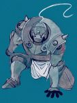  1boy alphonse_elric armor blue_background full_armor fullmetal_alchemist hand_on_ground living_armor looking_at_viewer male_focus red_eyes simple_background solo uzuta 