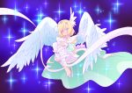  1boy absurdres androgynous blonde_hair bob_cut closed_mouth cure_infini fetal_position head_tilt head_wings highres hugtto!_precure ice_skates male_focus otokamu precure shoes single_head_wing single_shoe skates smile solo sparkle wakamiya_henri wings 