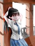  1girl absurdres arms_behind_head artist_name black_hair blue_neckwear blue_skirt breast_pocket brown_hair character_request copyright_request hair_between_eyes highres long_hair looking_at_viewer necktie pocket school_uniform skirt solo tegar32 twitter_username 