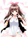 1girl a.i._channel black_jacket bracelet brown_hair cowboy_shot double_v eyebrows_visible_through_hair floating_hair green_eyes hairband hanasaki highlights highres jacket jewelry kizuna_ai long_hair looking_at_viewer multicolored_hair nail_polish open_clothes open_jacket pink_hairband pink_nails shiny shiny_hair shirt short_shorts shorts smile solo standing v virtual_youtuber white_shirt white_shorts wrist_cuffs 