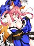  1girl animal_ear_fluff animal_ears bare_shoulders blue_kimono blue_ribbon breasts cleavage collarbone detached_sleeves eyebrows_visible_through_hair fang fate/grand_order fate_(series) fox_ears fox_girl fox_tail hair_ribbon highres japanese_clothes kimono large_breasts open_mouth pink_hair ribbon simple_background solo tail tamamo_(fate)_(all) tamamo_no_mae_(fate) white_background yan_lie yellow_eyes 