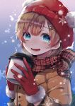  1girl absurdres beanie blue_eyes brown_hair commentary_request cup disposable_cup fur_trim gloves hair_ornament hat highres holding hot_chocolate jacket long_hair looking_at_viewer open_mouth original plaid plaid_scarf scarf smile snow snowflakes solo steam upper_body winter_clothes x_hair_ornament yamigirikuroko 