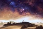  1boy 1girl commentary english_commentary fog hand_holding hill night night_sky original outdoors scenery silhouette sky standing star_(sky) starry_sky tree watermark web_address wenqing_yan 